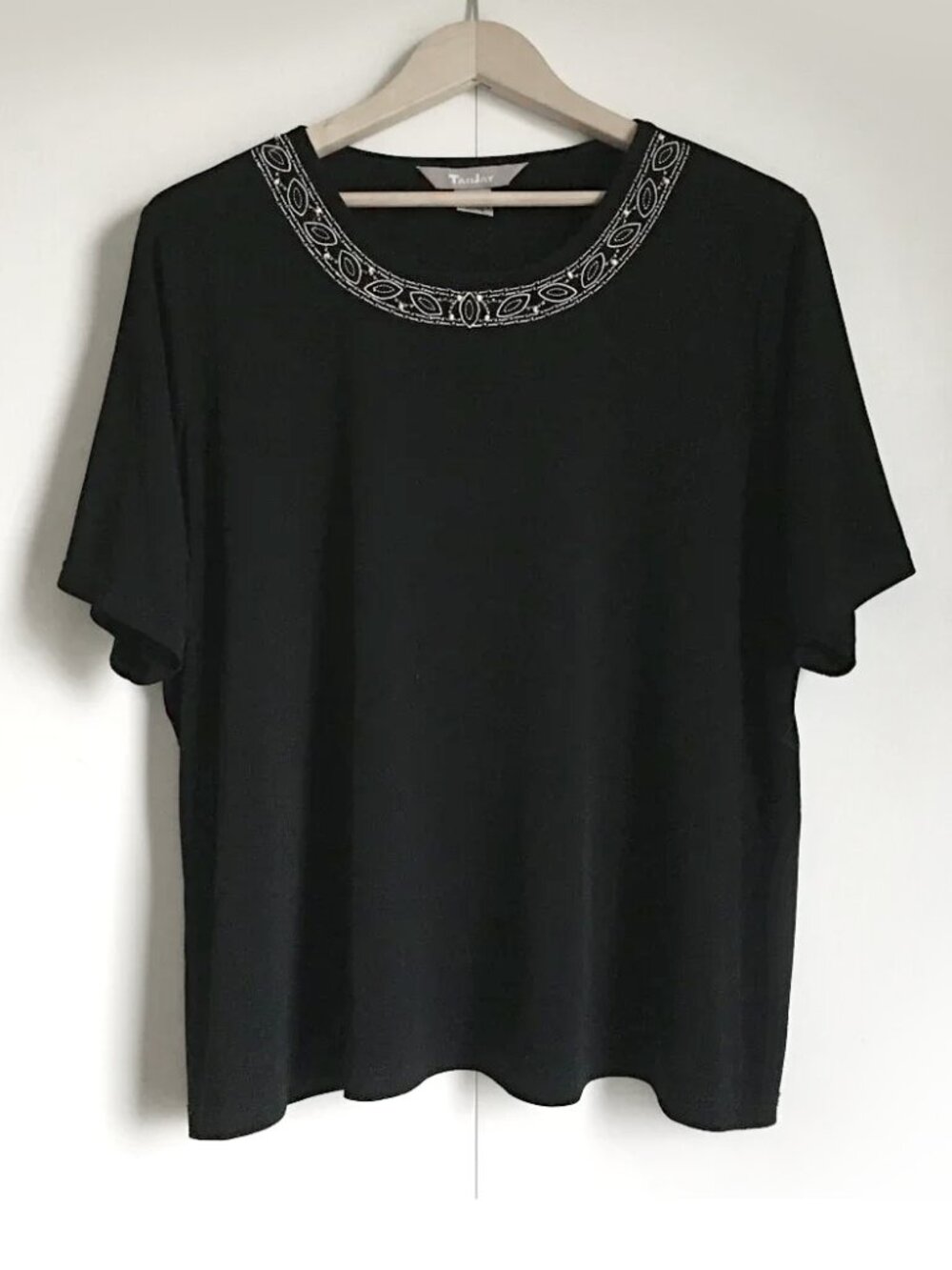 TanJay Black Stretchy Boho Tee with Colorful Stitchwork & Beadwork